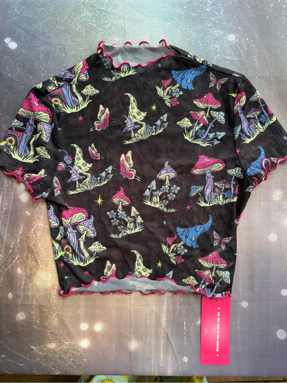 SHEIN Black Short Sleeve Mesh Top with Neon Mushroom Print